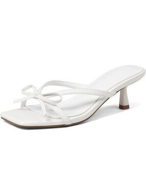 Women's Bow Heels Strappy Kitten Heels White Open Toe Slip On Mule Sandals Shoes
